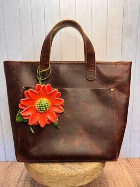 Orange Sunflower Genuine Leather Purse Charm Hand Painted Leather Fall Bag Charm